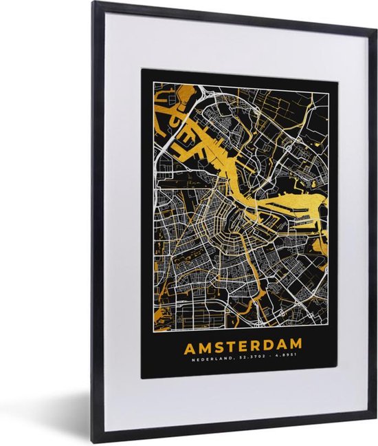 Fotolijst incl. Poster - Plattegrond - Amsterdam - Goud - Zwart - 30x40 cm  - Posterlijst | bol.com