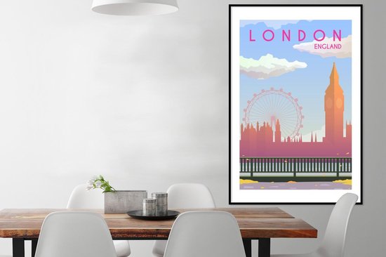 Image encadrée - Illustration de la ville de Londres en Angleterre cadre photo noir avec passe partout blanc 80x120 80x120 cm - Affiche encadrée (Décoration murale salon / chambre)