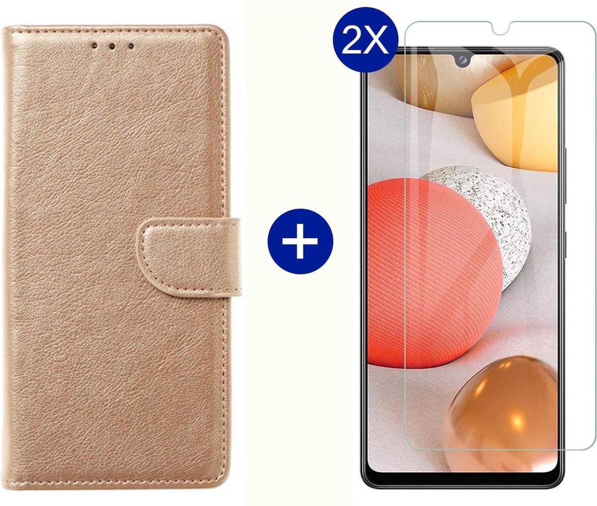 BixB Samsung A42 5G hoesje - Met 2x screenprotector / tempered glass - Book Case Wallet - Goud