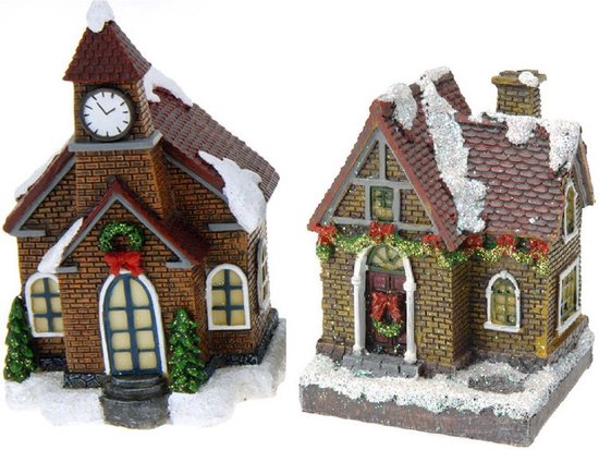 2x Kersthuisjes/kerstdorpje met verlichting 13 cm - Kerstdorpen maken accessoires