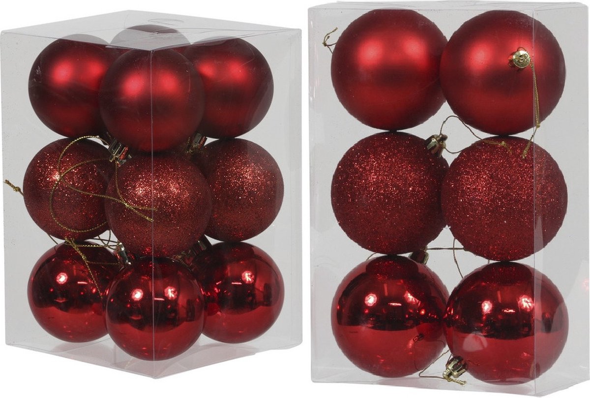 Rode kunststof kerstballen in glans, mat en glitter mix, variërend in grootte van 6 tot 8 cm, verpakt in een set van 36 stuks.
