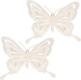 2x stuks decoratie vlinders op clip glitter wit 14 cm - Bruiloftversiering/kerstversiering decoratievlinders