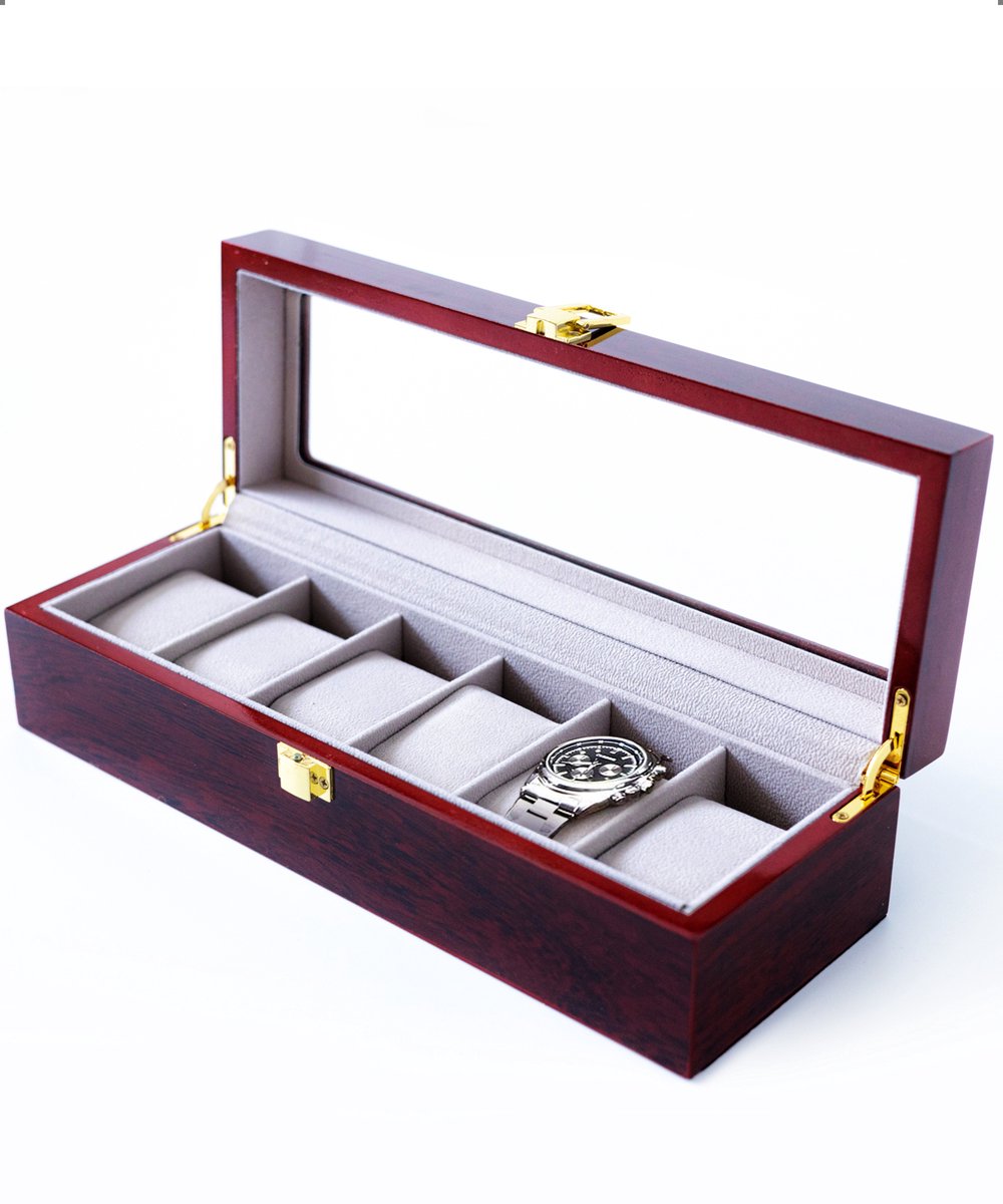 JASC Horlogebox - 6 Compartimenten - Sieradendoos - Rood - Beige