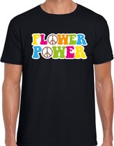 Jaren 60 Flower Power verkleed shirt zwart met gekleurde peace tekens heren - Sixties/jaren 60 kleding XL