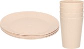 Setje van 8x diner/ontbijt bekers/bordjes van afbreekbaar bio-plastic in het eco-beige