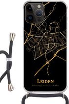 Telefoonkoord - Telefoonketting - Telefoonhoesje Geschikt voorApple Iphone 14 Pro Max - Leiden - Kaart - Goud - Siliconen - Crossbody - Telefoonhoesje met koord