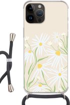 Geschikt voorApple Iphone 14 Pro Max - Crossbody Case - Bloem - Patroon - Geel - Siliconen - Crossbody - Backcover met Koord - Telefoonhoesje met koord - Hoesje met touw