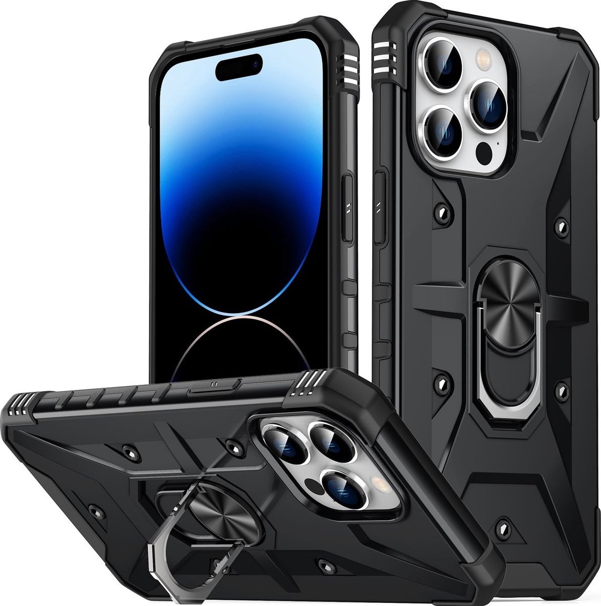 Mobigear Hoesje geschikt voor Apple iPhone 14 Pro Telefoonhoesje Hardcase | Mobigear Armor Ring Backcover Shockproof met Ringhouder | Schokbestendig iPhone 14 Pro Telefoonhoesje | Anti Shock Proof - Zwart