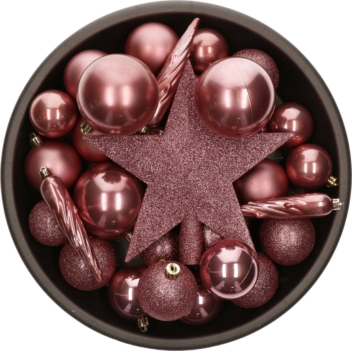 Set van 33x stuks kunststof/plastic kerstballen met ster piek oudroze (velvet pink) mix - Onbreekbaar - Kerstversiering/kerstboomversiering