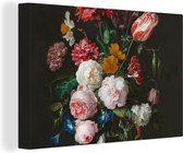 Canvas Schilderij - Stilleven met bloemen in een glazen vaas - Jan Davidsz. de Heem - Kunst - 150x100 cm - Wanddecoratie - Slaapkamer