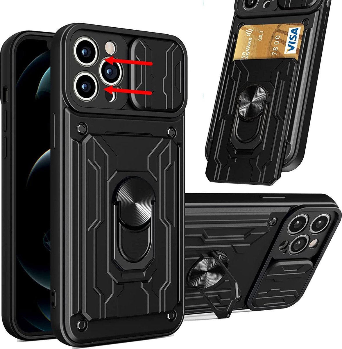 Hoesje Geschikt voor iPhone 13 Pro met pashouder / Ringhouder / lens bescherming – Zwart