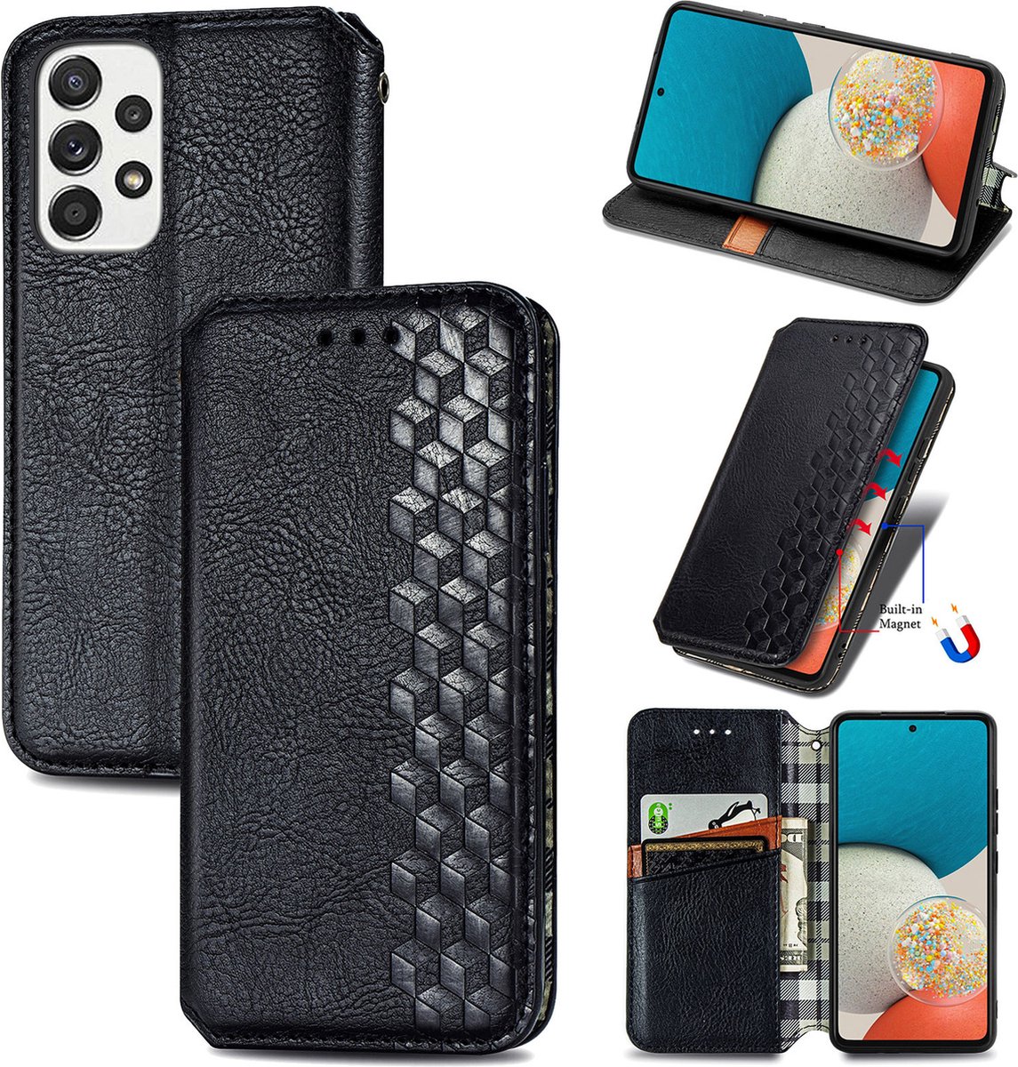 Luxe PU Lederen Ruitpatroon Wallet Case + PMMA Screenprotector voor Galaxy A53 5G _ Zwart