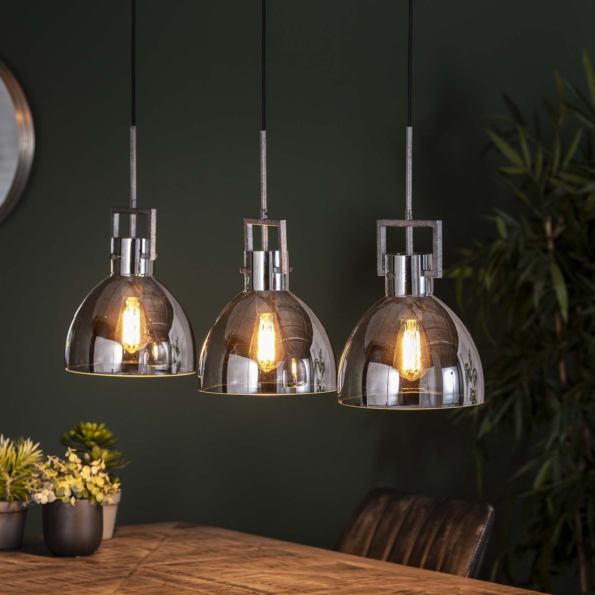 Hanglamp Industry | 3 lichts | Ø 25 cm | 150 cm | chromed glass | transparant | eettafel | modern / landelijk design