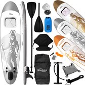 Sup board set - Supboard - Paddle board - Opblaasbaar - Met pomp, peddel, tas, rugzak, enkelband, reparatieset en camerahouder - 366 x 80 x 15 cm - Wit - Zilver