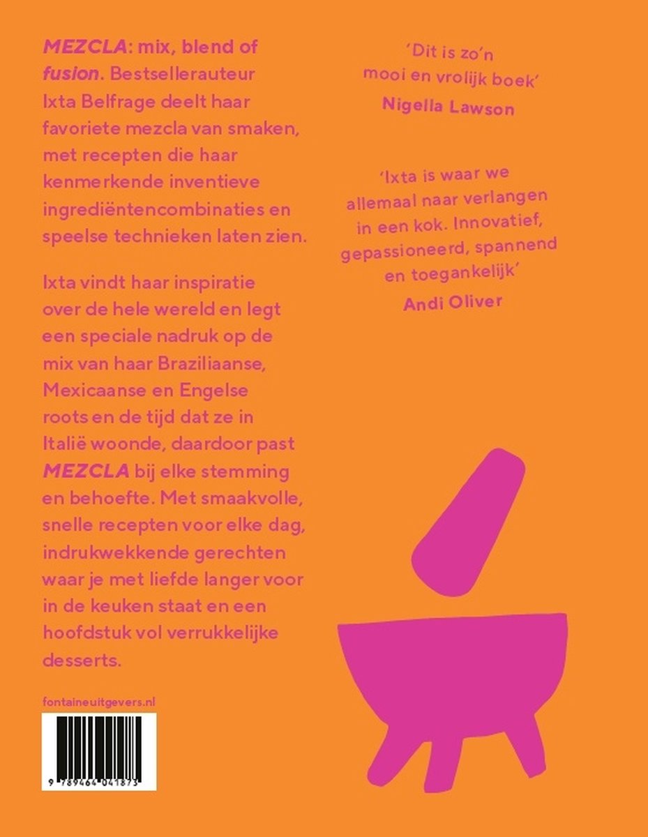 Oranje omslag achterkant met receptinformatie en roze illustratie van een vijzel.