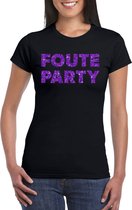 Zwart Foute Party t-shirt met paarse glitters dames - Themafeest/feest kleding S