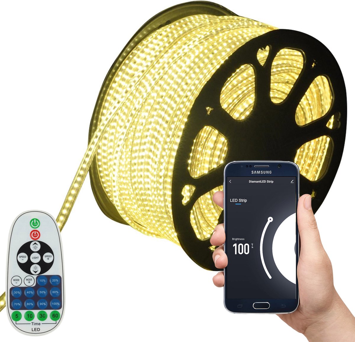 LED Strip Warm Wit - 30 Meter aan één stuk - 180 LED's per meter - Met Wi-Fi App + IR 23 knops afstandsbediening - Smarthome - Google Home/Amazon Alexa - Waterdicht - Makkelijke mobiele App voor bedienen inclusief afstandsbediening - iOS en Android