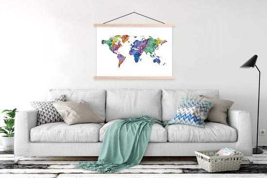 Affiche scolaire - Wereldkaart - Aquarelle - Arc-en-ciel - 120x80 cm - Lattes vierges
