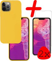Hoes Geschikt voor iPhone 14 Pro Hoesje Siliconen Back Cover Case Met 2x Screenprotector - Hoesje Geschikt voor iPhone 14 Pro Hoes Cover Hoesje - Geel