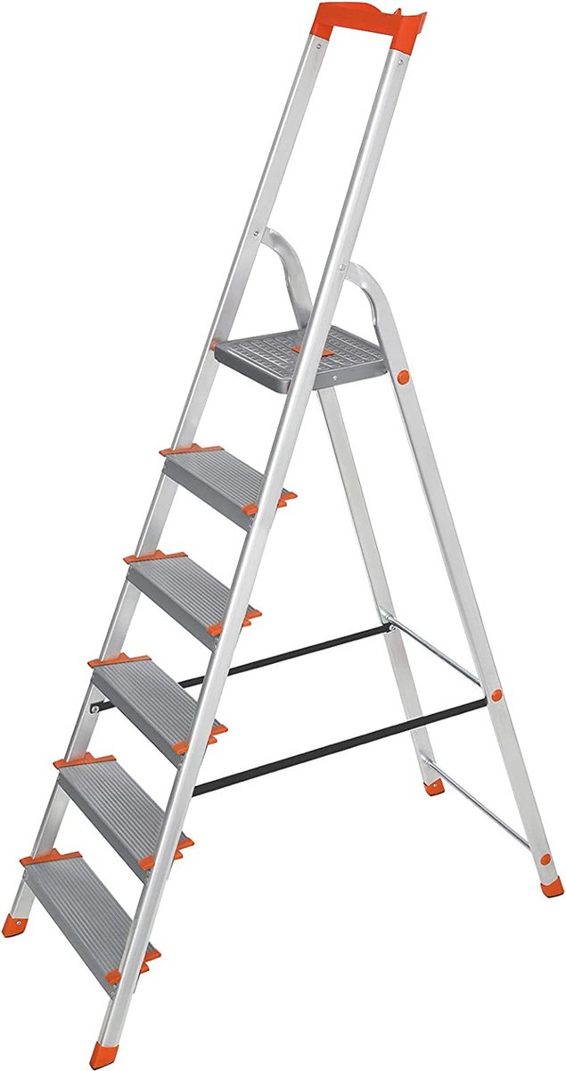 KADAX Inklapbare trapladder van staal, 5 treden, met antislipvoeten en plank, eenzijdige trapladder voor huishouden en tuin