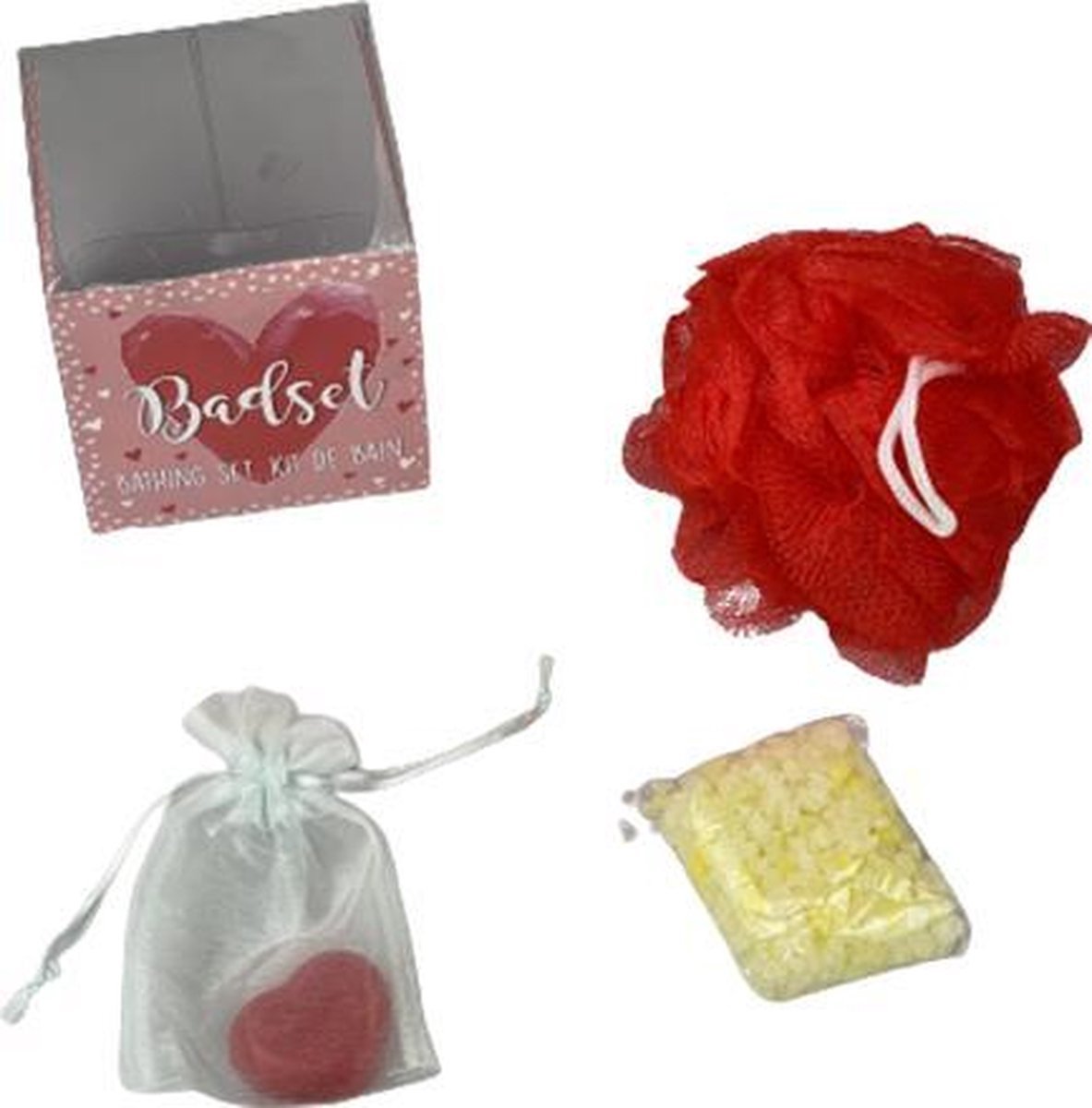 Badspons - Badset liefde - Rood - Badpuff / Zeepje / Badzout - 3 delig