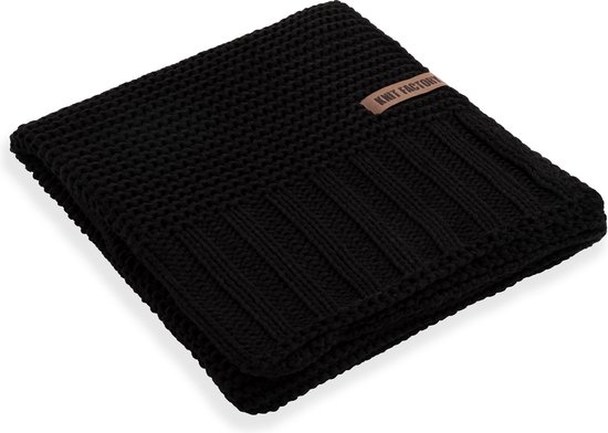 Knit Factory Vinz Gebreid Plaid - Woondeken - plaid - Wollen deken - Kleed - Zwart - 160x130 cm