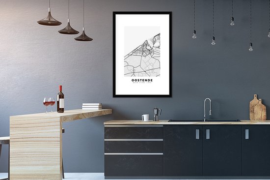 Fotolijst incl. Poster Zwart Wit- België – Oostende – Stadskaart – Kaart – Zwart Wit – Plattegrond - 60x90 cm - Posterlijst