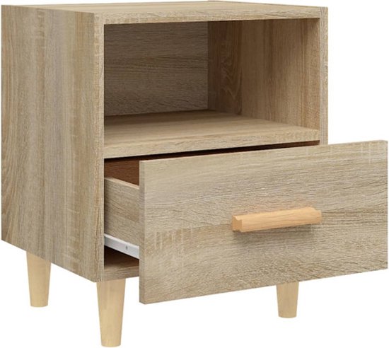 Table de chevet couleur chêne sonoma avec compartiment ouvert, tiroir ouvert et pieds en bois.