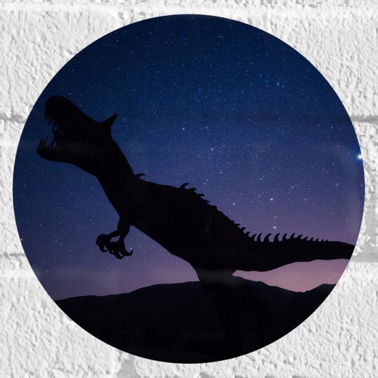 WallClassics - Muursticker Cirkel - Silhouette van een Dinosaurus in de Nacht - 20x20 cm Foto op Muursticker