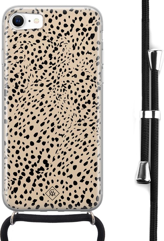 Casimoda® hoesje met koord - Geschikt voor iPhone 8 - Stippen bruin abstract - Afneembaar koord - Siliconen/TPU - Bruin/beige