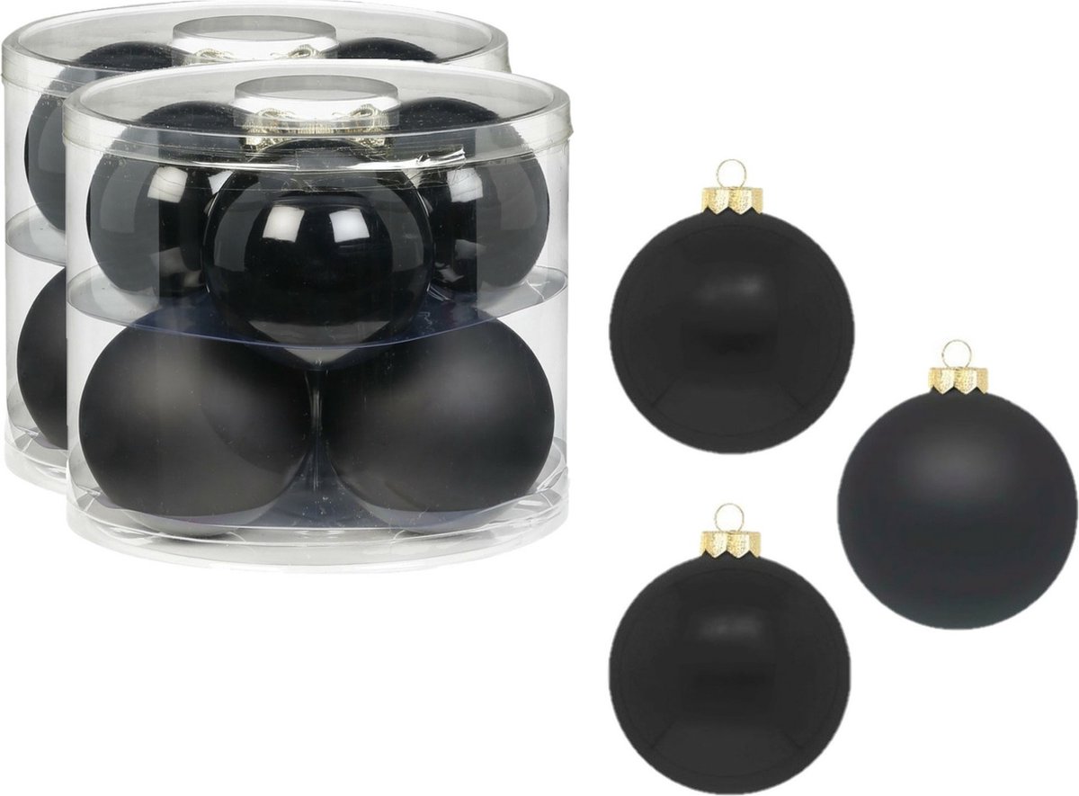 12x stuks Zwarte glazen kerstballen 10 cm glans en mat - Kerstboomversiering zwart