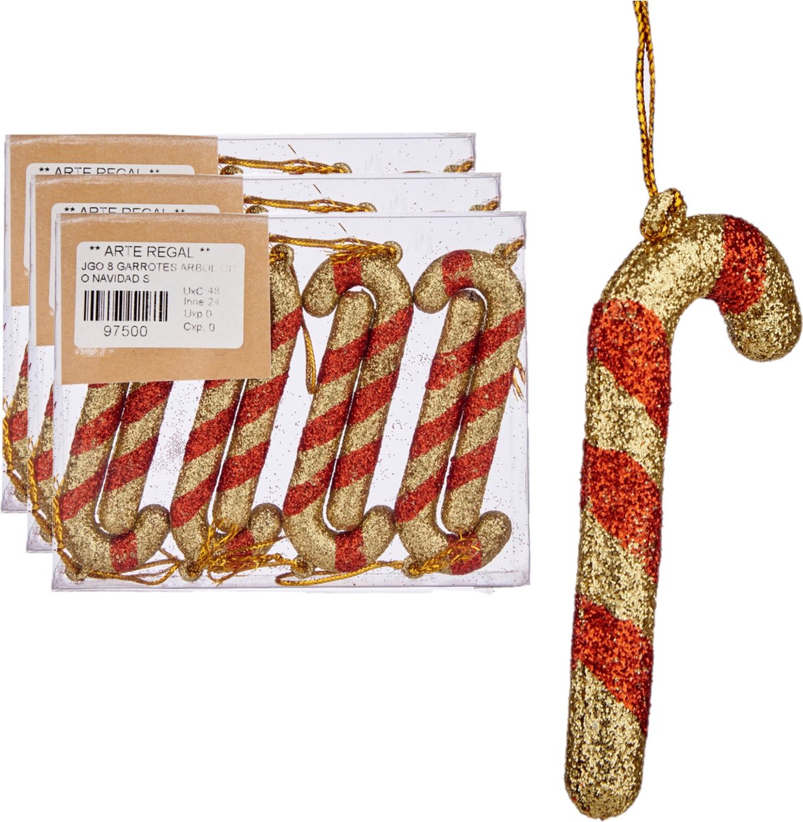 Krist+ Kersthangers 24x zuurstokken rood/goud 11 cm - kunststof - lichtgewicht - feestelijk - kerstboom versieringen