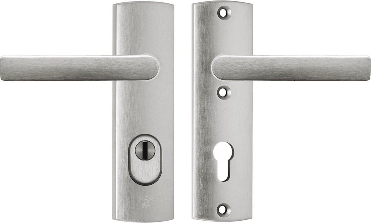 AXA Veiligheidsbeslag (Curve Plus) Kortschild Inox geslepen: Kruk-Kruk (model Blok) PC72 met kerntrekbeveiliging SKG***