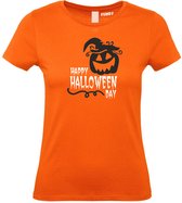 Dames T-shirt Happy Halloween Day | Halloween kostuum kind dames heren | verkleedkleren meisje jongen | Oranje | maat M