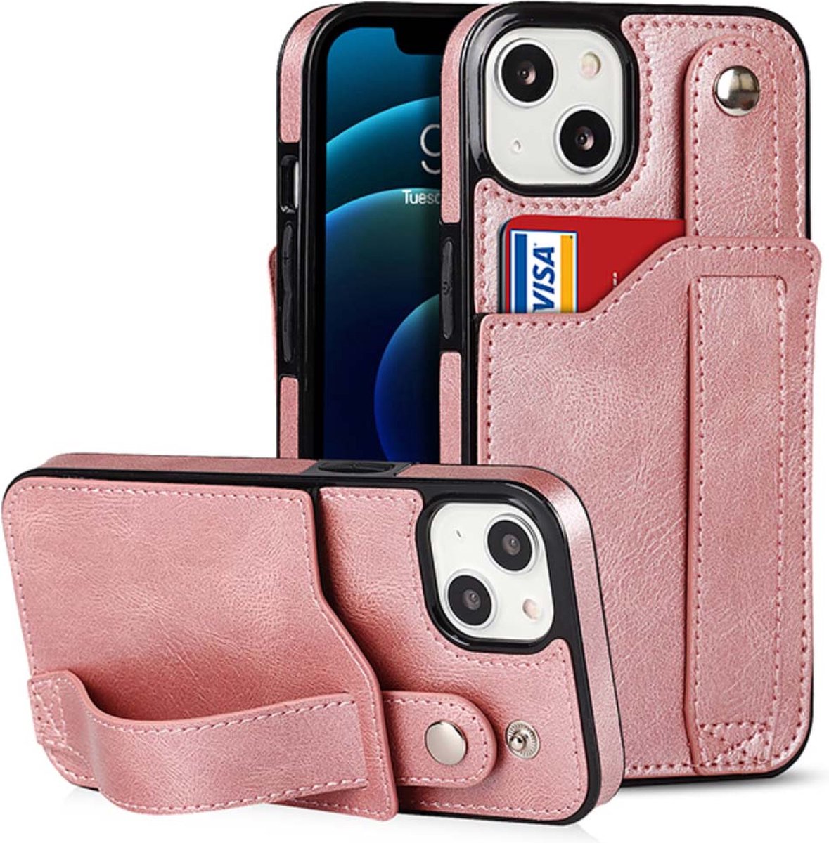 Smartphonica Leren Hoesje Met Pashouder voor iPhone 13 - Roze geschikt voor iPhone 13