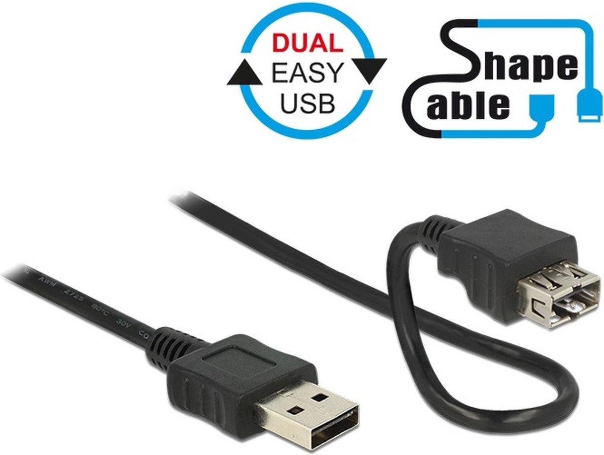 Easy-USB naar Easy-USB vormbare verlengkabel - USB2.0 - tot 0,5A / zwart - 0,20 meter
