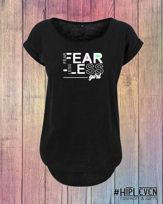 Shirt met lange rug "Fearless Girl"  Zwart - Wit/ L (40)
