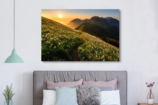Canvas schilderij 180x120 cm - Wanddecoratie Bloemen - Zon - Bergen - Muurdecoratie woonkamer - Slaapkamer decoratie - Kamer accessoires - Schilderijen