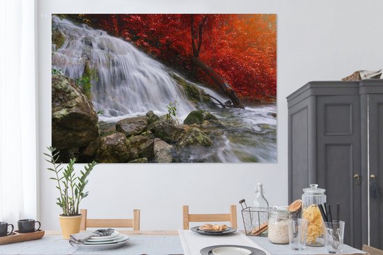 Toile Peinture Cascade - Rochers - Water - Automne - 180x120 cm - Décoration murale XXL