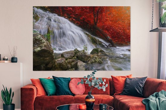 Toile Peinture Cascade - Rochers - Water - Automne - 180x120 cm - Décoration murale XXL