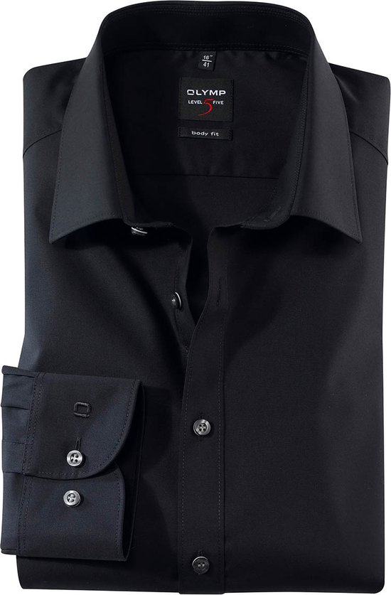 OLYMP Level 5 body fit overhemd - popeline - zwart - Strijkvriendelijk - Boordmaat: 44