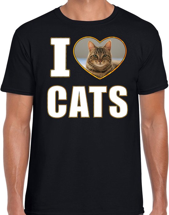 I love cats t-shirt met dieren foto van een bruine kat zwart voor heren - cadeau shirt katten liefhebber XL