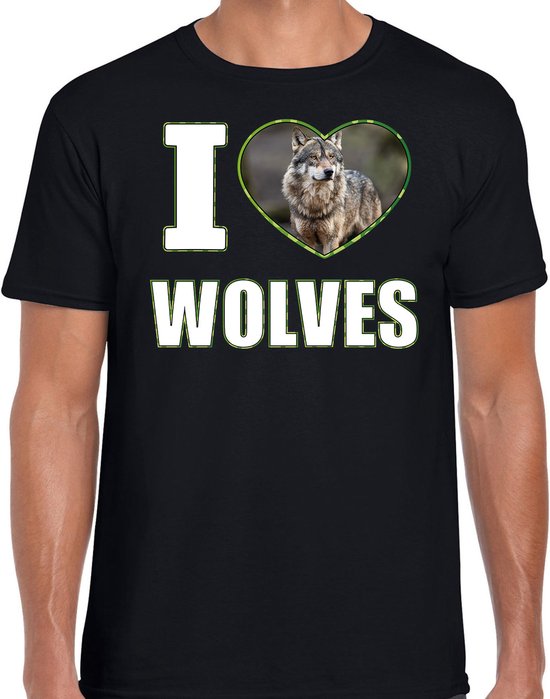 I love wolves t-shirt met dieren foto van een wolf zwart voor heren - cadeau shirt wolven liefhebber M