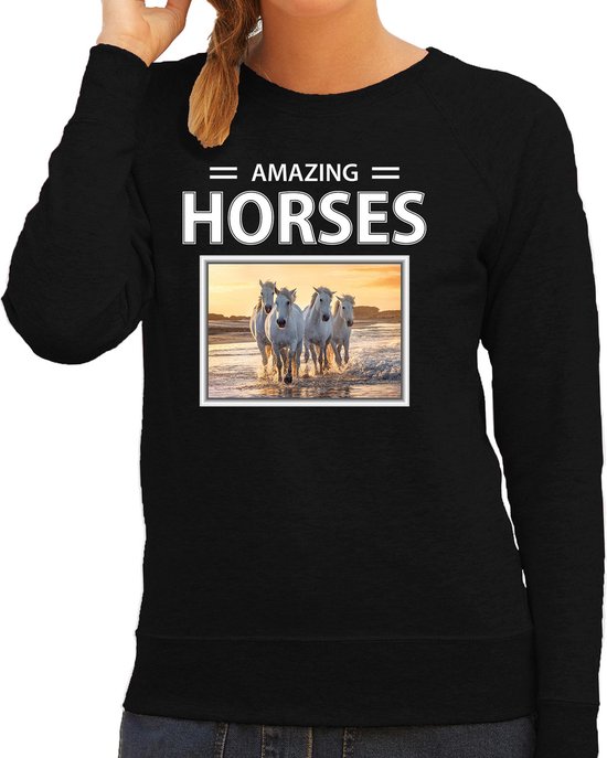 Dieren foto sweater wit paard - zwart - dames - amazing horses - cadeau trui witte paarden liefhebber S