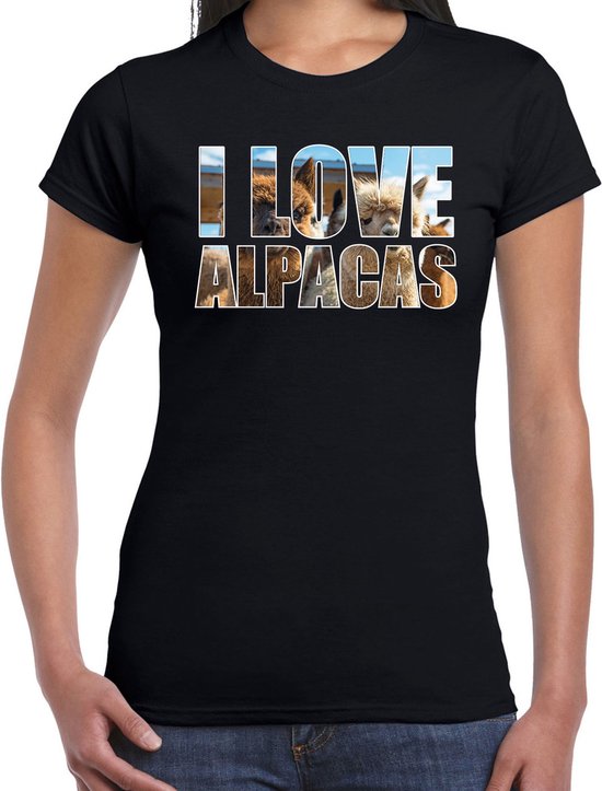 Tekst shirt I love alpacas met dieren foto van een alpaca zwart voor dames - cadeau t-shirt alpacas liefhebber XXL