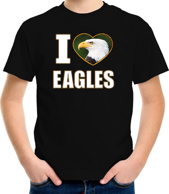 I love eagles t-shirt met dieren foto van een amerikaanse zeearend zwart voor kinderen - cadeau shirt vogel / adelaars liefhebber - kinderkleding / kleding 110/116