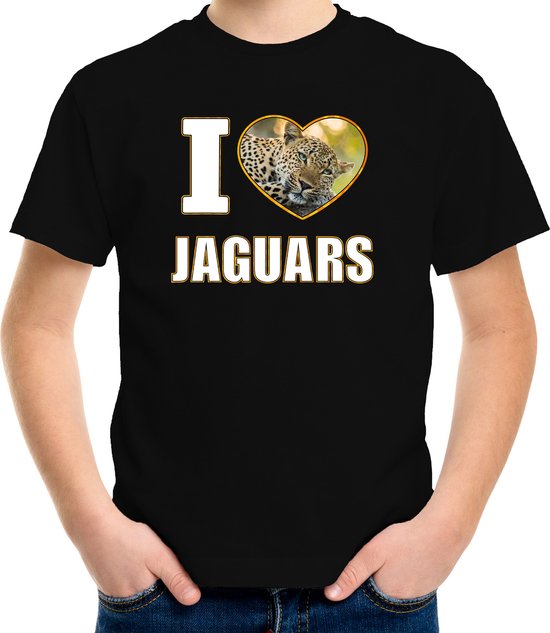 I love jaguars t-shirt met dieren foto van een luipaard zwart voor kinderen - cadeau shirt luipaarden liefhebber - kinderkleding / kleding 134/140