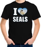 I love seals t-shirt met dieren foto van een zeehond zwart voor kinderen - cadeau shirt zeehonden liefhebber - kinderkleding / kleding 122/128