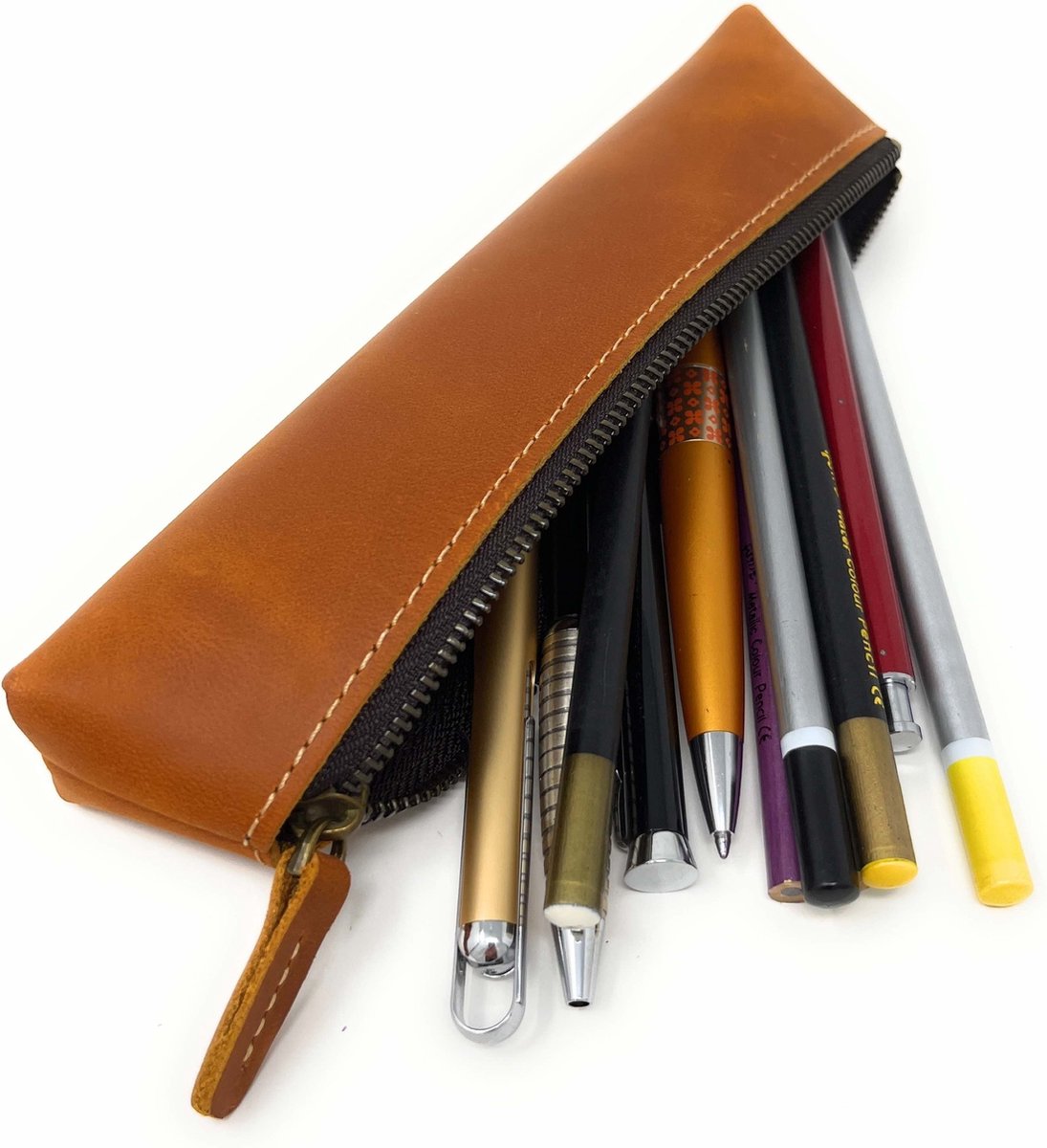 Cognac kleurig kleine leren pen etui dames - – NL