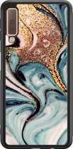 Leuke Telefoonhoesjes - Hoesje geschikt voor Samsung Galaxy A7 (2018) - Marmer blauw goud - Backcover zwart - Marmer - Blauw, Goud